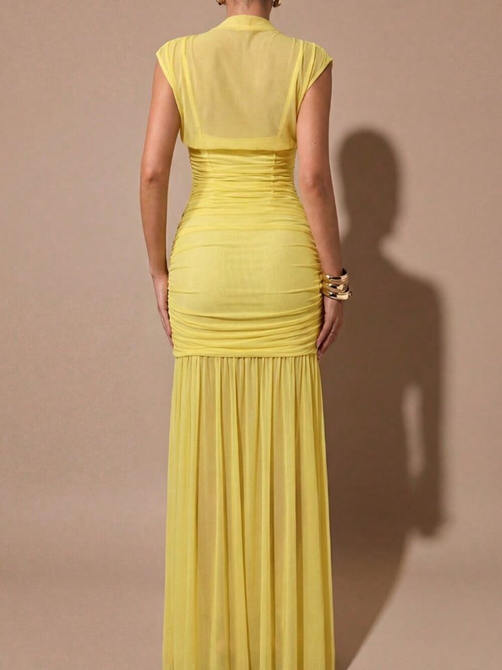 Yellow Elegant Women's Wrap Shawl Sheer Ruched Mini Dress - Picture 2 of 6